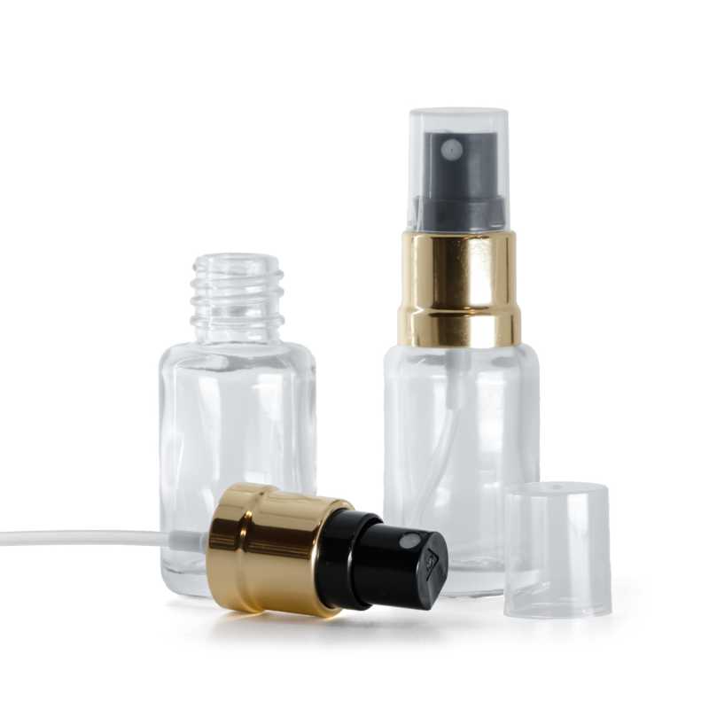 Átlátszó üvegpalack, gömbölyű, fekete-arany permetezőfejjel, 12 ml