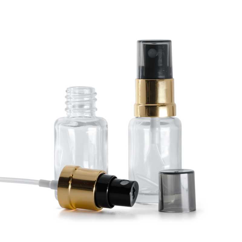 Átlátszó üvegpalack, kerek, fekete permetezőfej fényes arany köpennyel, füstös kupak, 12 ml