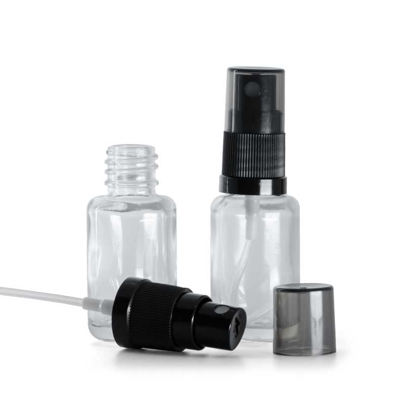Átlátszó, gömbölyű üvegpalack fekete finompermet-szórófejjel, smoky kupakkal 12 ml