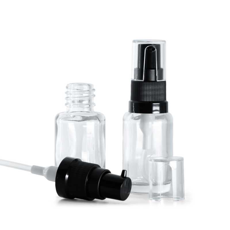 Átlátszó, kerek üvegpalack, olajadagolóval, 12 ml