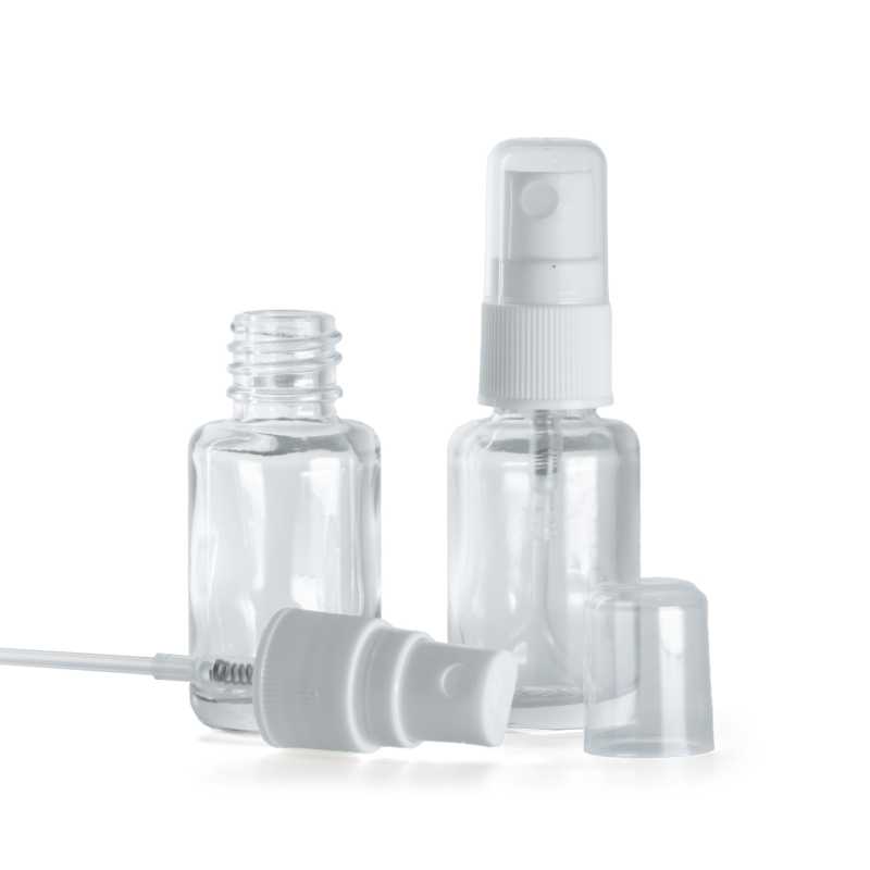 Átlátszó, kerek üvegpalack, fehér permetezőfej műanyag flakonhoz, 12 ml