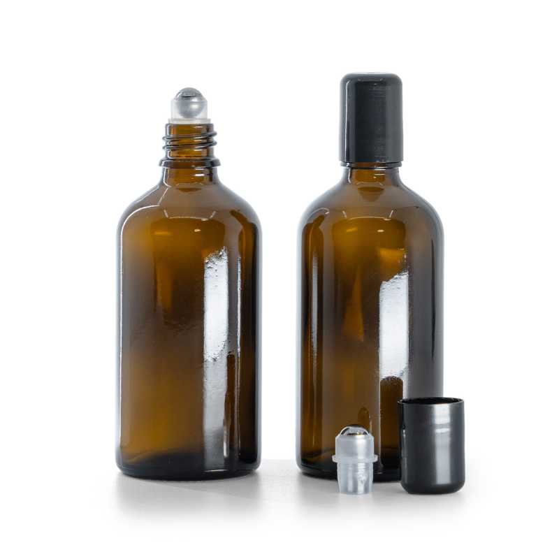 Borostyánszínű üveg roll-on flakon, 100 ml