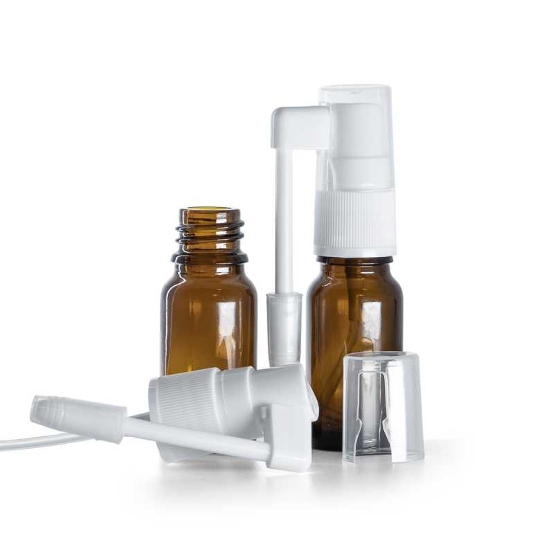 Borostyánsárga üvegpalack torokpermet-adagolóval, 10 ml