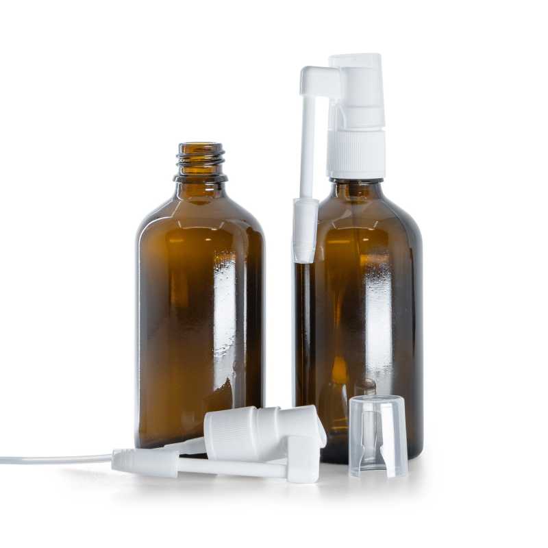 Borostyánszínű üvegpalack fehér orális permetezőfejjel, 100 ml