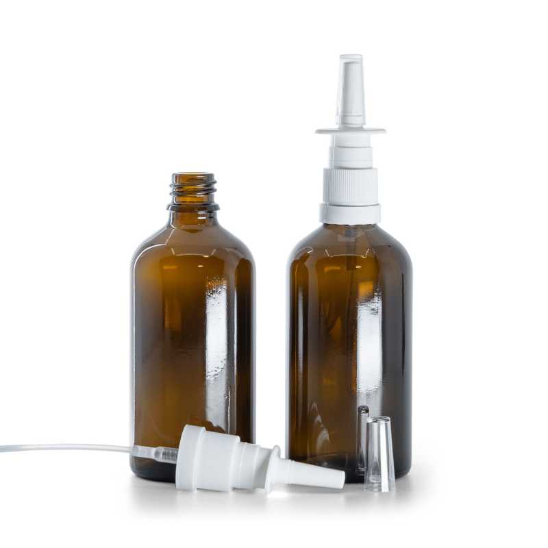 Borostyánszínű üvegpalack orrspray szórófejjel, 100 ml