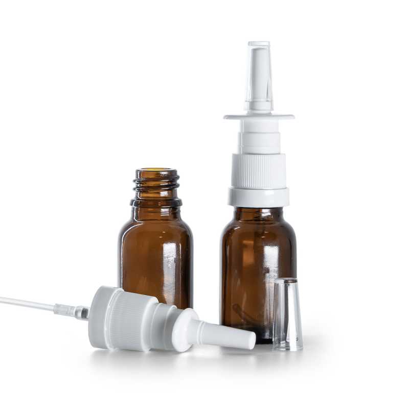 Borostyánszínű üvegpalack orrspray-fejjel, 15 ml