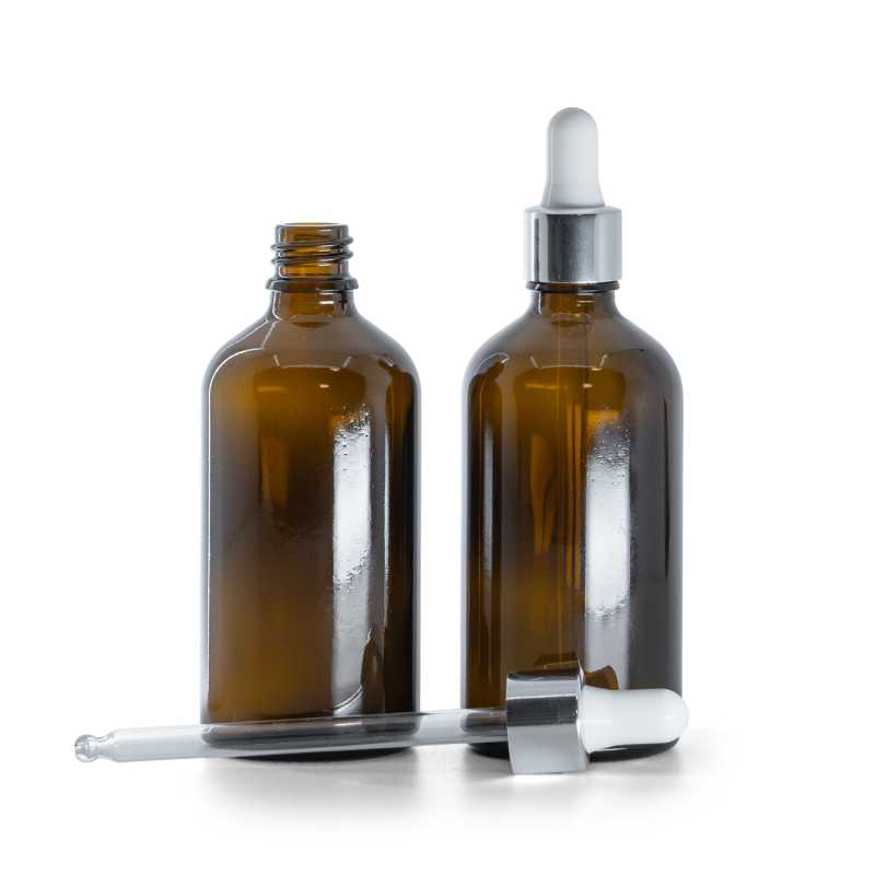 Borostyánszínű üvegpalack fényes ezüst pipettával, 100 ml