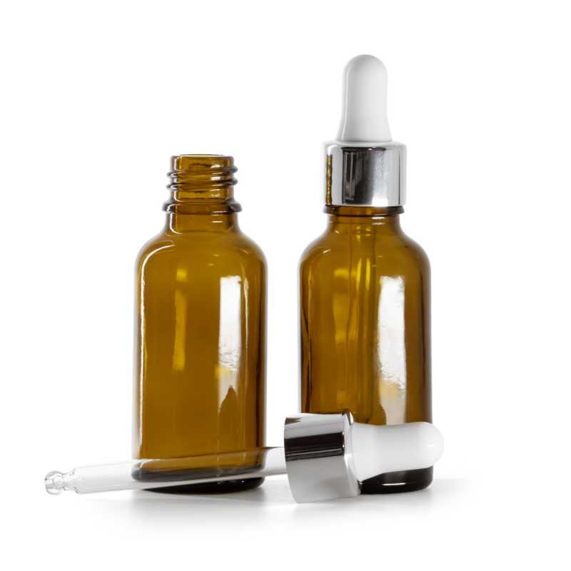 Borostyánszínű üvegpalack, fényes ezüst pipettával, 30 ml