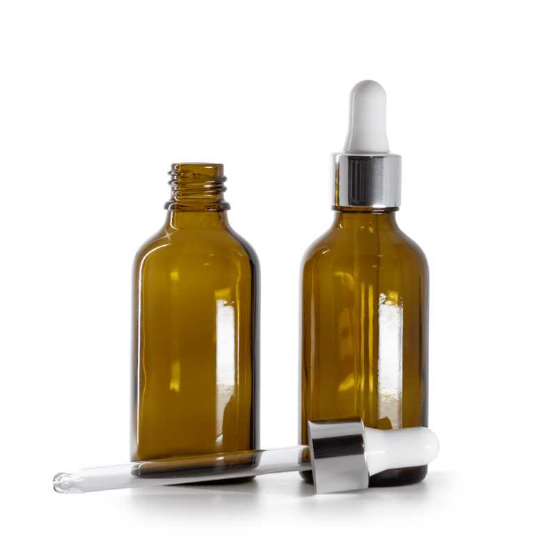 Borostyánszínű üvegpalack fényes ezüst pipettával, 50 ml