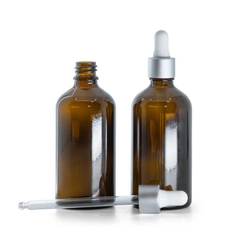 Borostyánszínű üvegpalack matt ezüst pipettás kupakkal, 100 ml