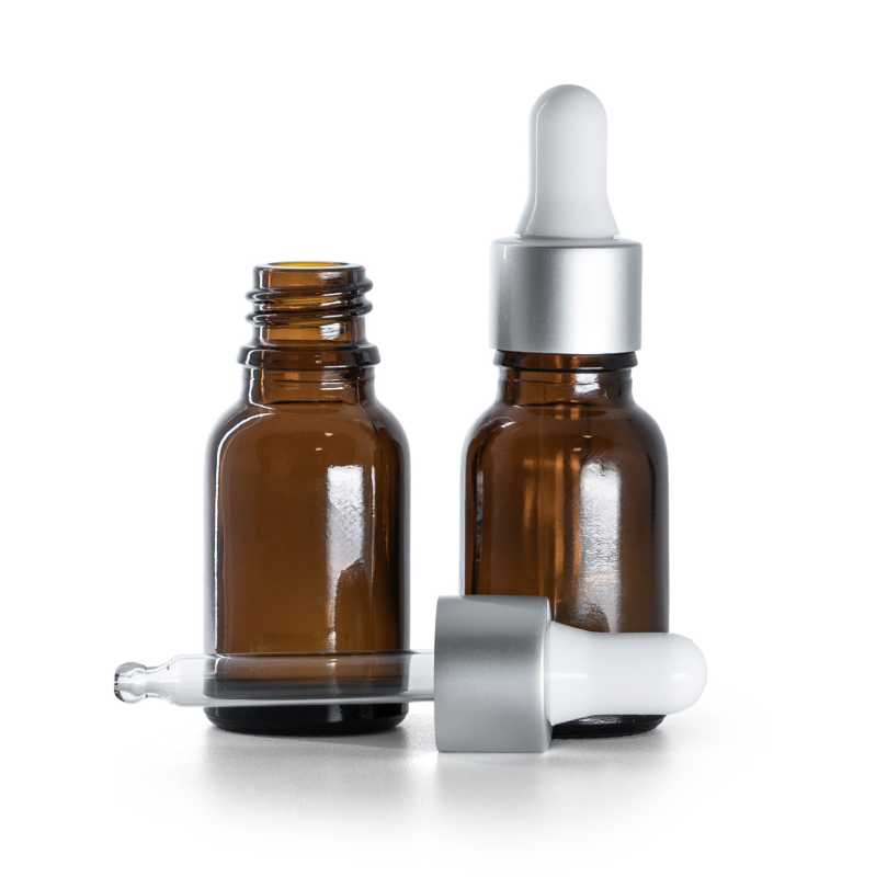 Borostyánsárga üvegpalack matt ezüst pipettás kupakkal, 15 ml