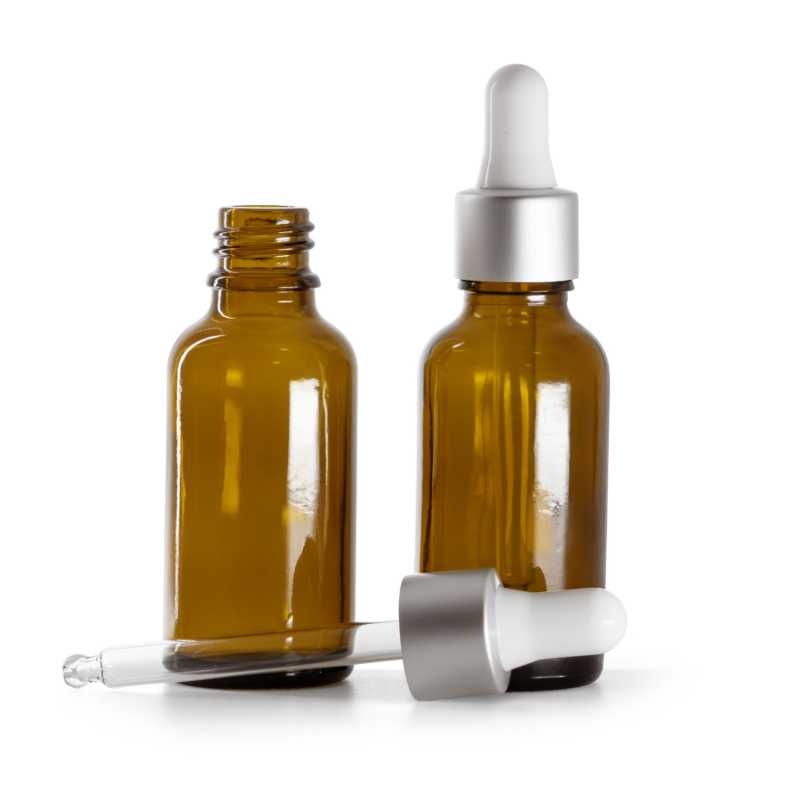 Borostyánszínű üvegpalack matt ezüst pipettás kupakkal, 30 ml