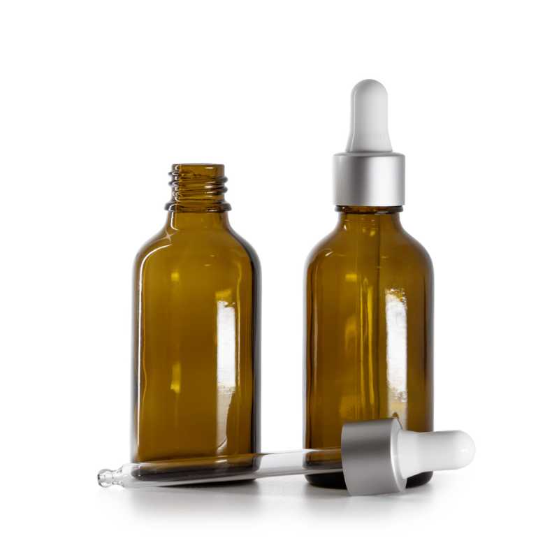 Borostyánszínű üvegpalack matt ezüst pipettás kupakkal, 50 ml