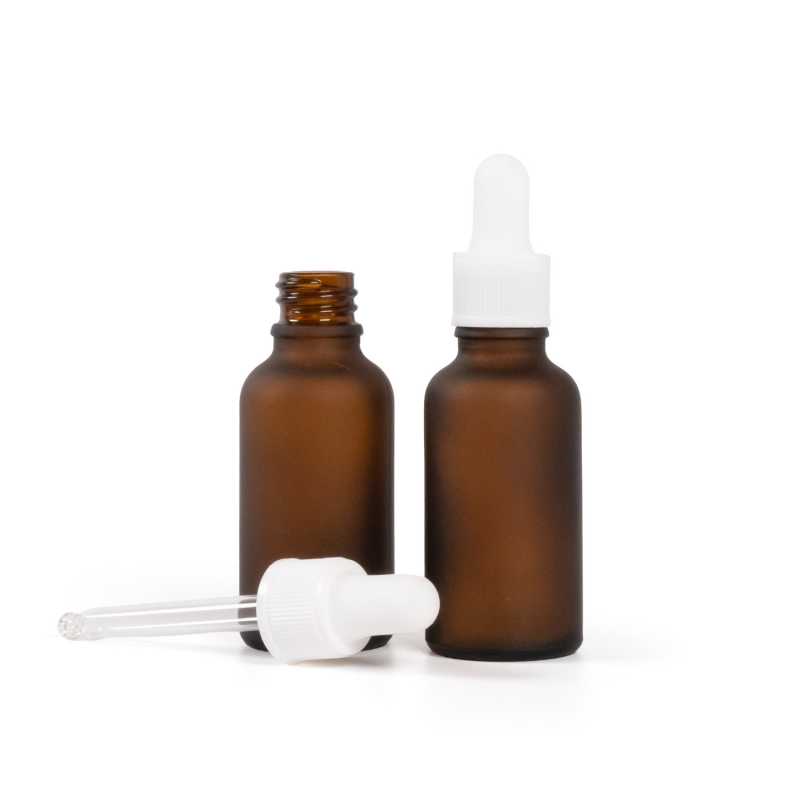 Matt borostyánszínű üvegpalack, matt fehér pipetta, 30 ml
