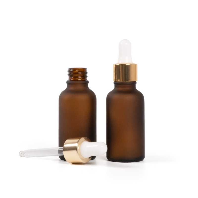 Matt borostyánszínű üvegpalack fehér-arany pipettás kupakkal 30 ml