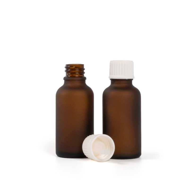 Matt borostyánszínű üvegpalack fehér cseppentővel, 30 ml