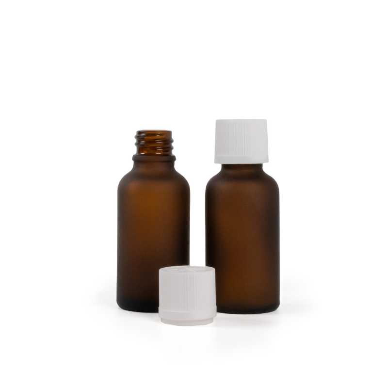 Matt borostyánszínű üvegpalack, fehér biztonsági zárókupak, 30 ml