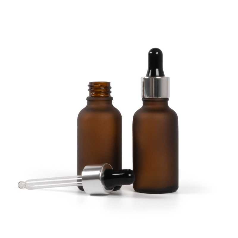 Matt boroszilikát üveg cseppentős palack fekete‑ezüst pipettás kupakkal, 30 ml
