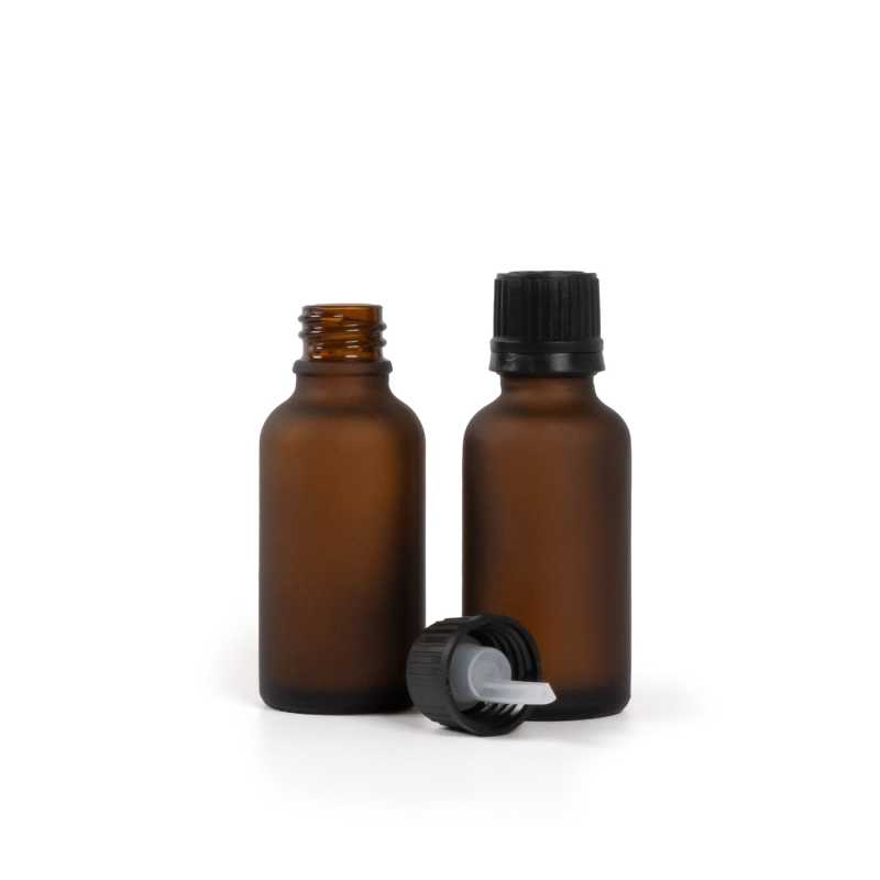 Matt borostyánszínű üvegpalack fekete pipettás kupakkal 30 ml