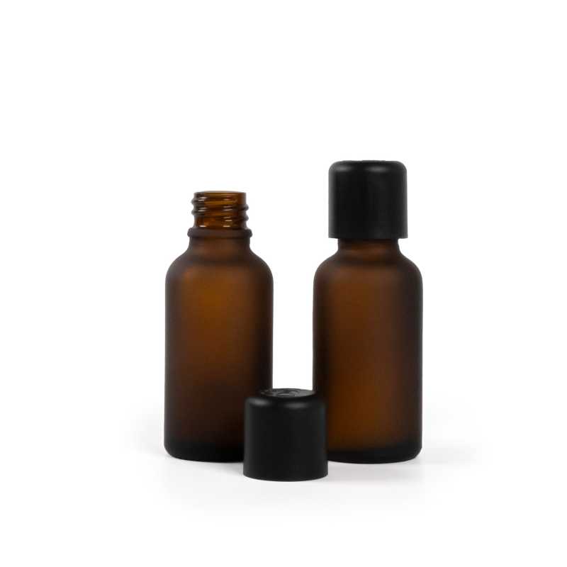 Matt borostyánszínű üvegpalack 30 ml fekete, manipulálásbiztos biztonsági kupakkal és cseppentőbetét