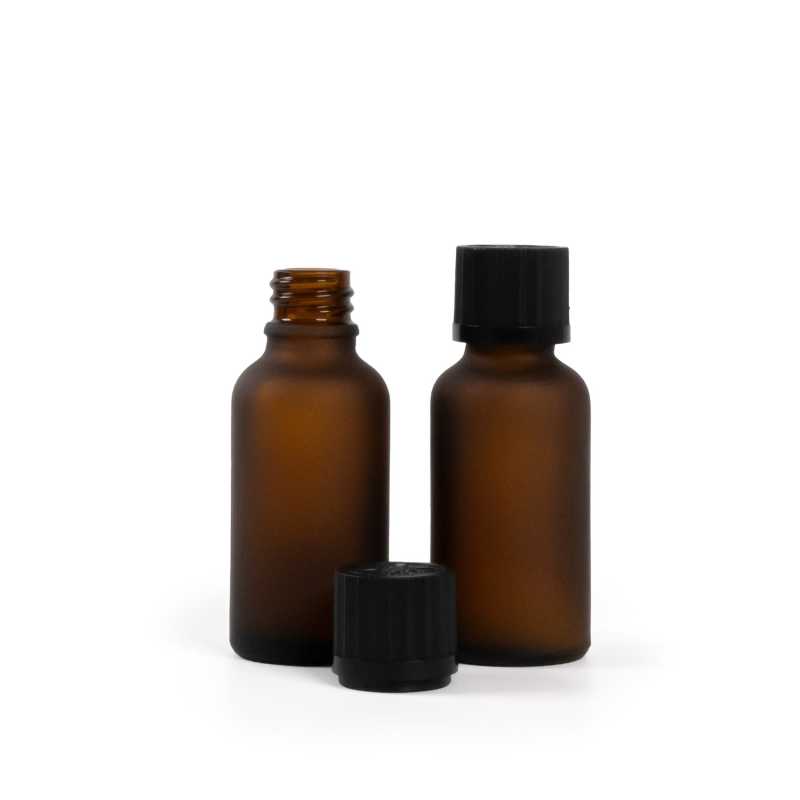 Matt borostyánszínű üvegpalack, fekete biztonsági cseppentős kupak, 30 ml