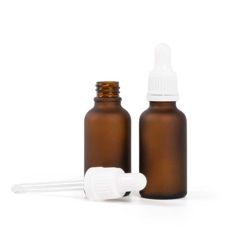 Matt borostyánszínű üveg cseppentős üvegfejjel, fehér, 30 ml