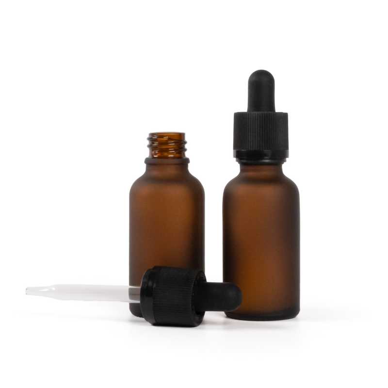 Matt borostyánszínű üvegpalack cseppentővel, törésbiztos zárral 30 ml
