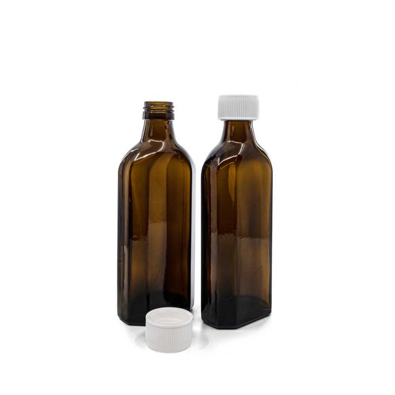 Barna üveg palack gyógyszerhez, lapos, PP28S, fehér gyermekzáras kupak, 250 ml