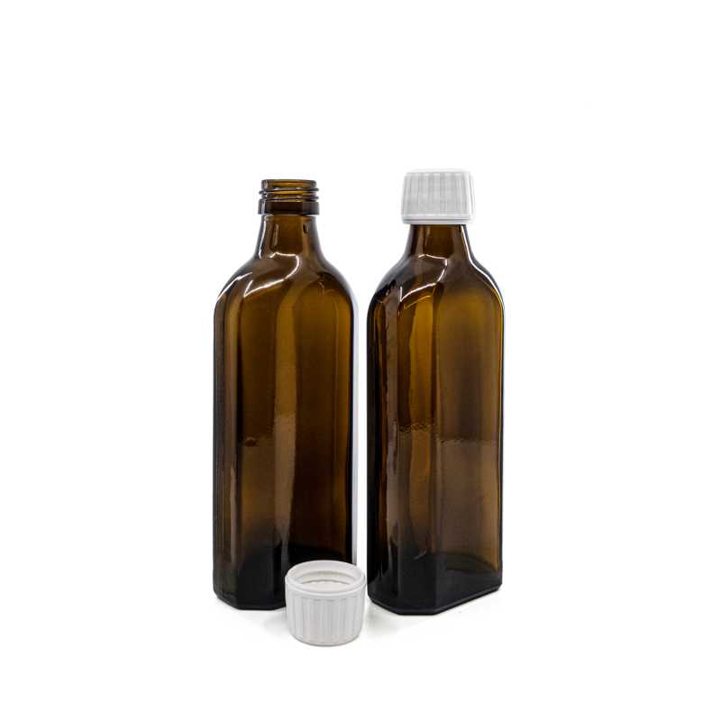 Barna üveg palack gyógyszerhez, lapos, PP28S, fehér kupak, 250 ml