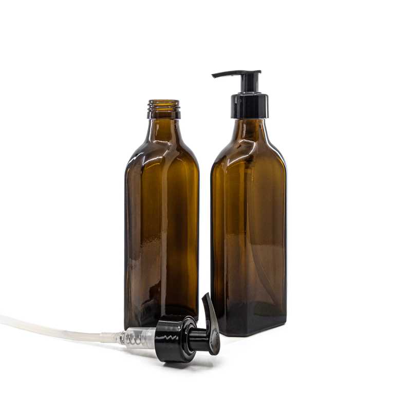 Barna gyógyszeres üvegpalack, lapos, PP28S, fekete adagoló, sima gallér, 250 ml