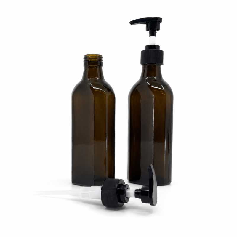 Barna orvosi üvegpalack, lapos, PP28S, fekete pumpa, bordázott gallér, 250 ml