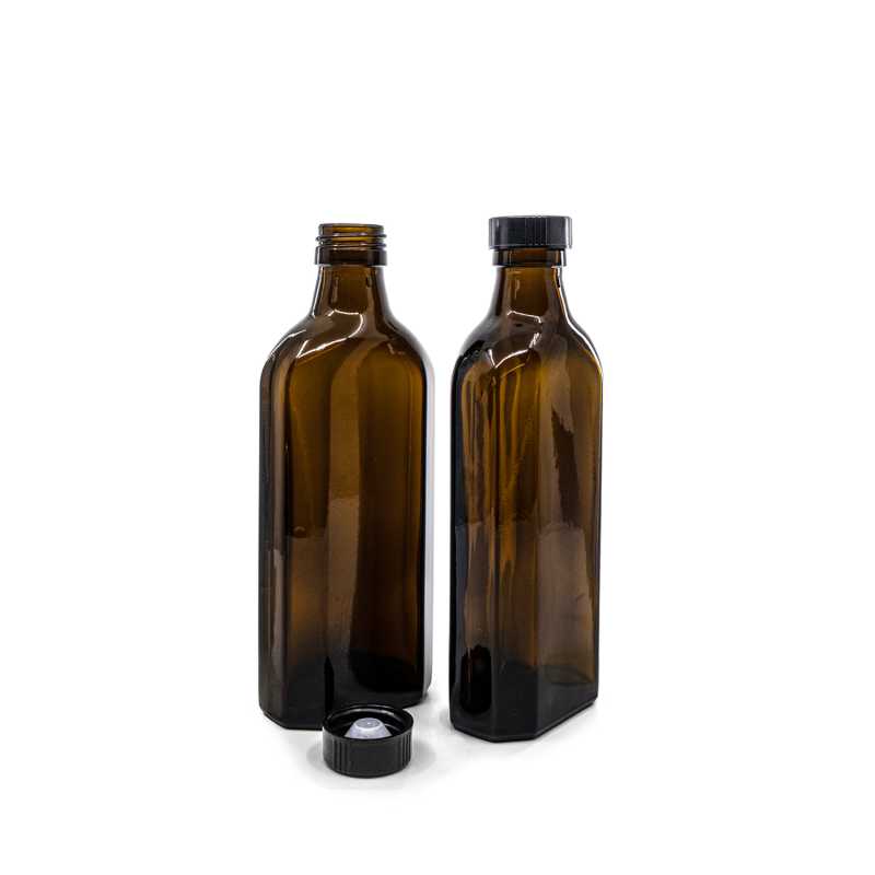 Barna gyógyszeres üvegpalack, szögletes, PP28S, fekete bakelit kupak, 250 ml