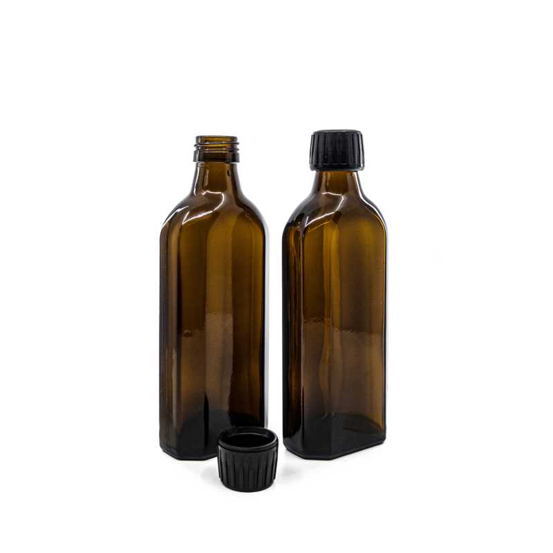 Barna üveg palack, szögletes, PP28S, fekete kupak, 250 ml