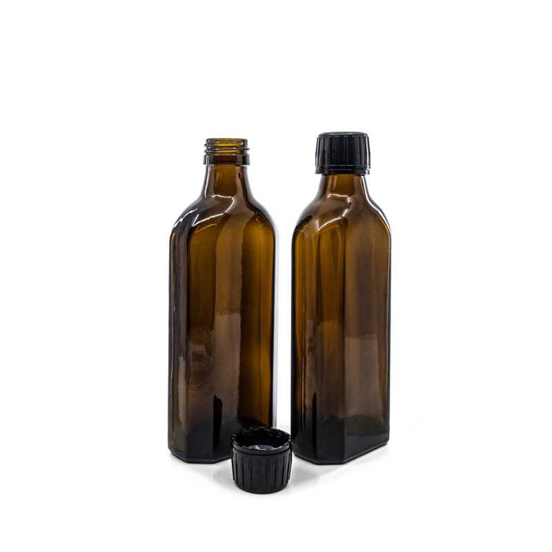 Barna üveg palack gyógyszernek, lapos, PP28S, fekete kupak kiöntő betéttel, 250 ml