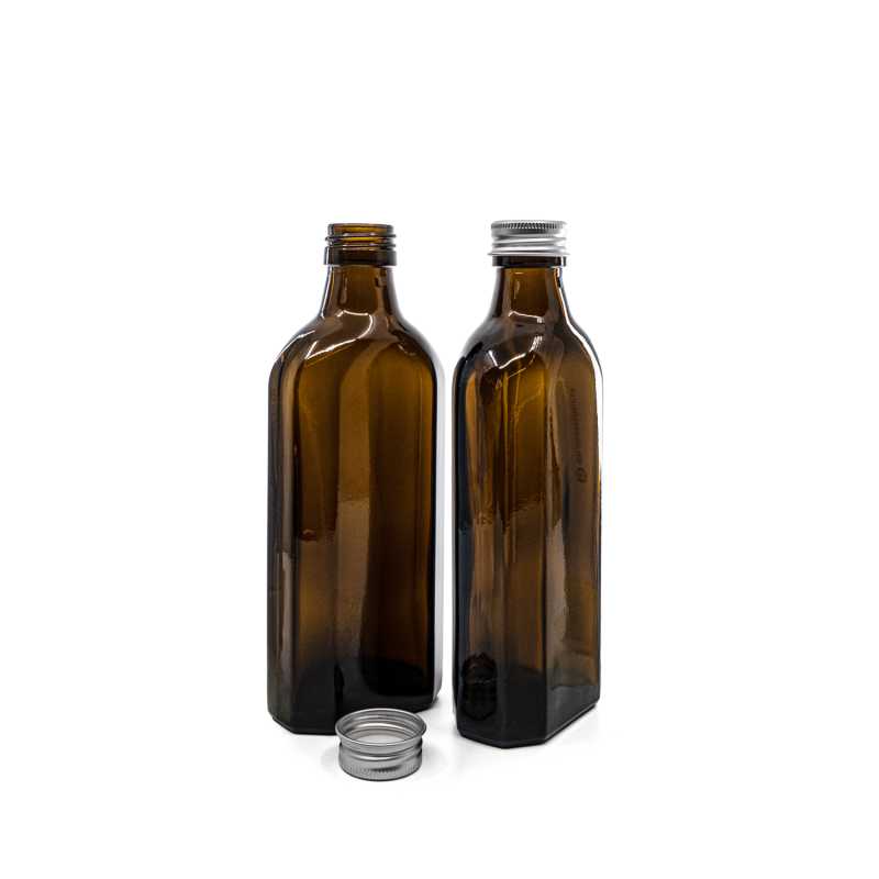 Barna üveg palack, gyógyszeres, lapos, PP28S, ezüst színű alumínium kupak, 250 ml