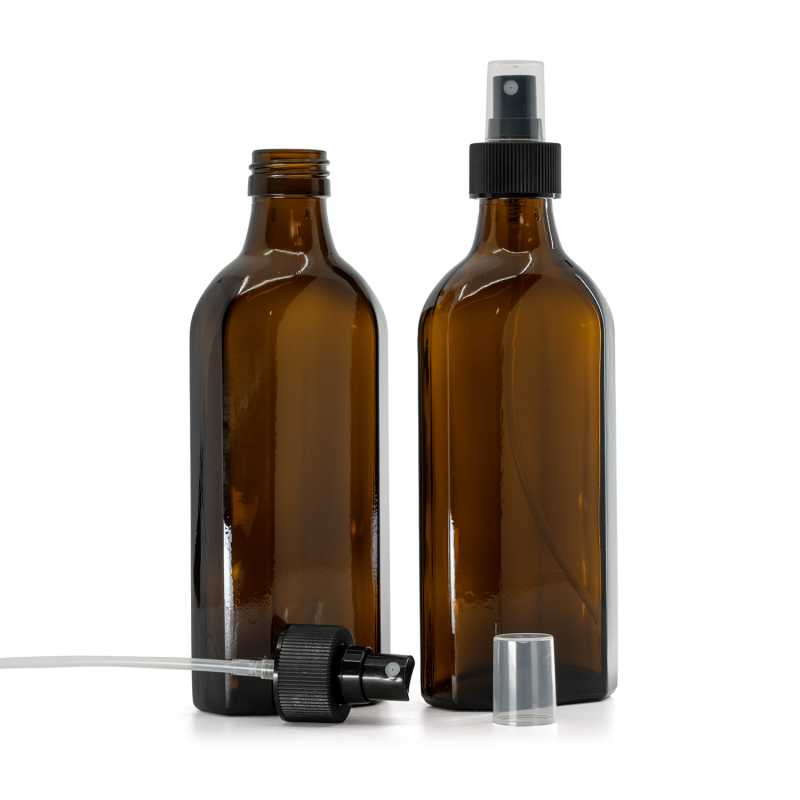 Barna orvosi üvegpalack, szögletes, PP28S, fekete finompermetező, bordázott gyűrű, 250 ml