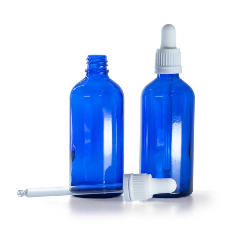 Kék üvegpalack fehér cseppentővel 100 ml