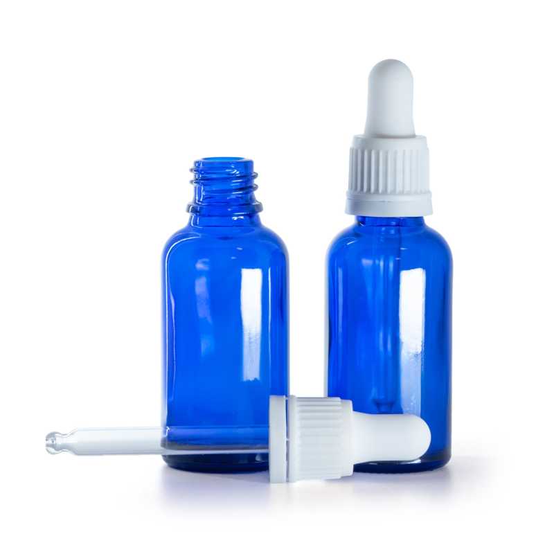 Kék üvegpalack fehér cseppentővel 30 ml