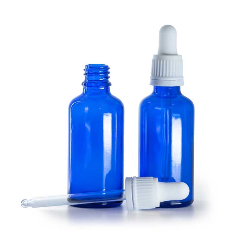 Kék üvegpalack fehér pipettával 50 ml