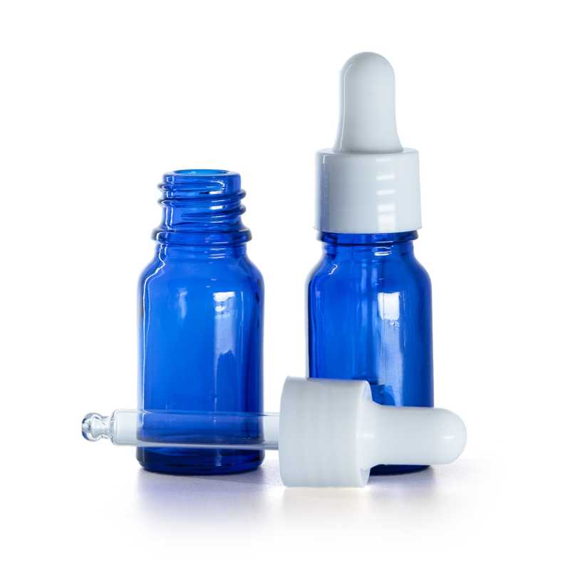 Kék üvegpalack, fényes fehér cseppentő, 10 ml