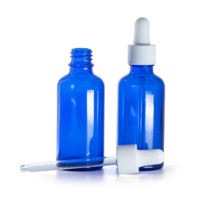 Kék üvegpalack fényes fehér pipettával, 50 ml