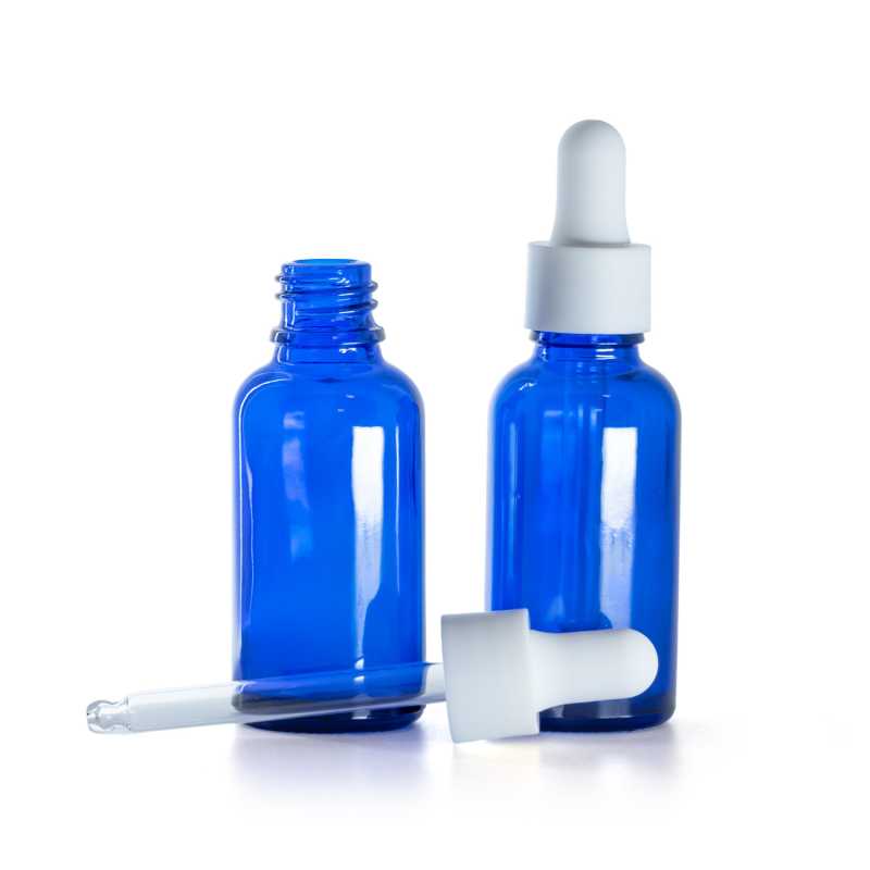 Kék üvegpalack, fehér matt pipetta, 30 ml