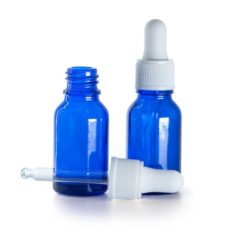 Kék üvegpalack matt fehér cseppentős kupakkal 15 ml