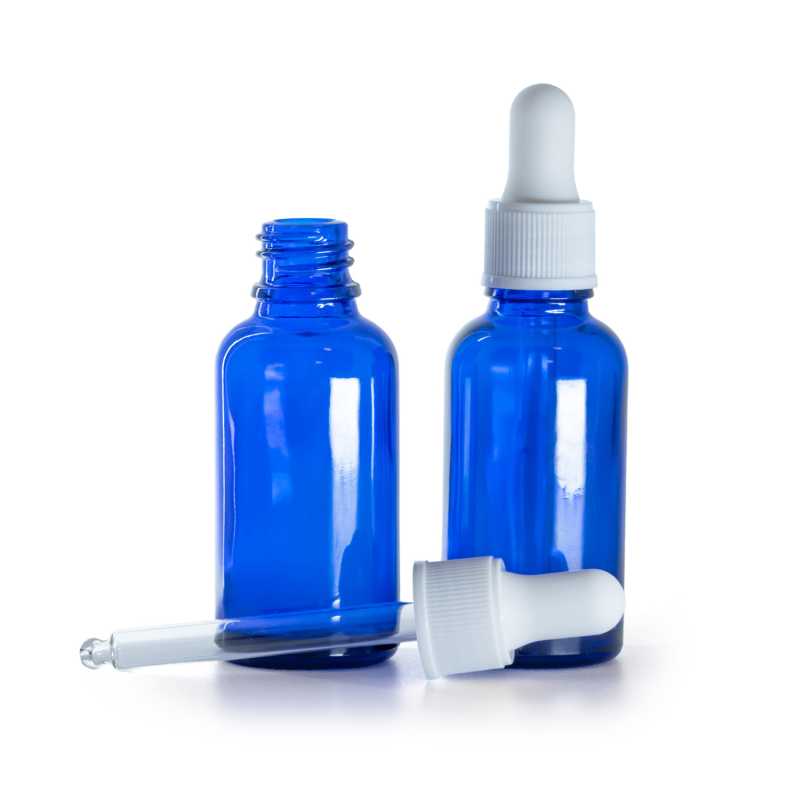 Kék üvegpalack matt fehér pipettával 30 ml
