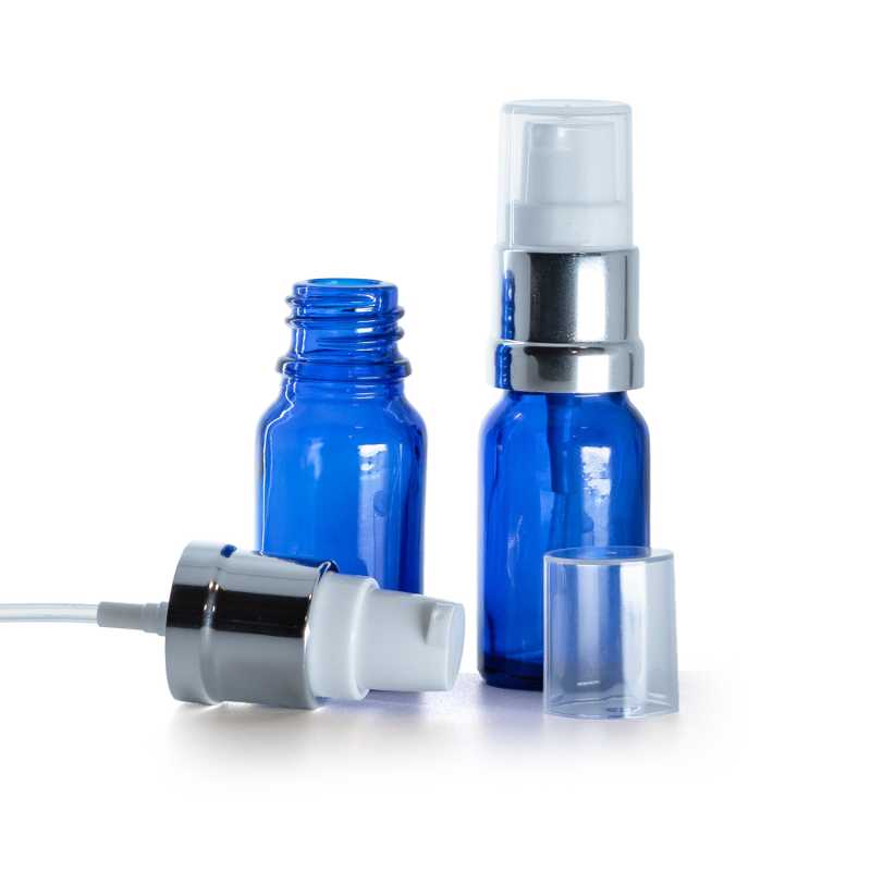 Kék üvegpalack, fényes fehér-ezüst adagoló, 10 ml