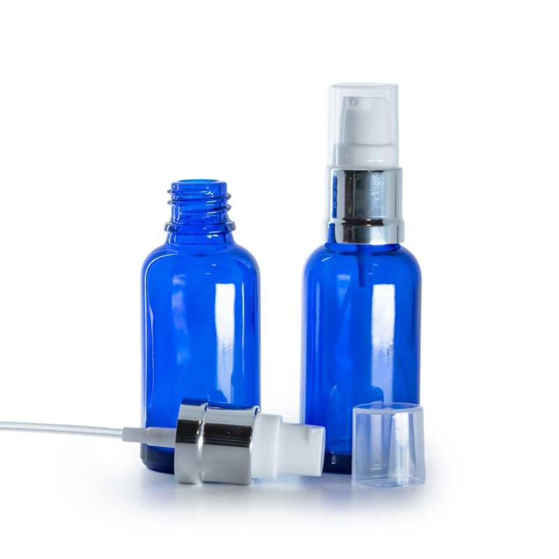 Kék üvegpalack, fényes fehér-ezüst adagoló, 30 ml