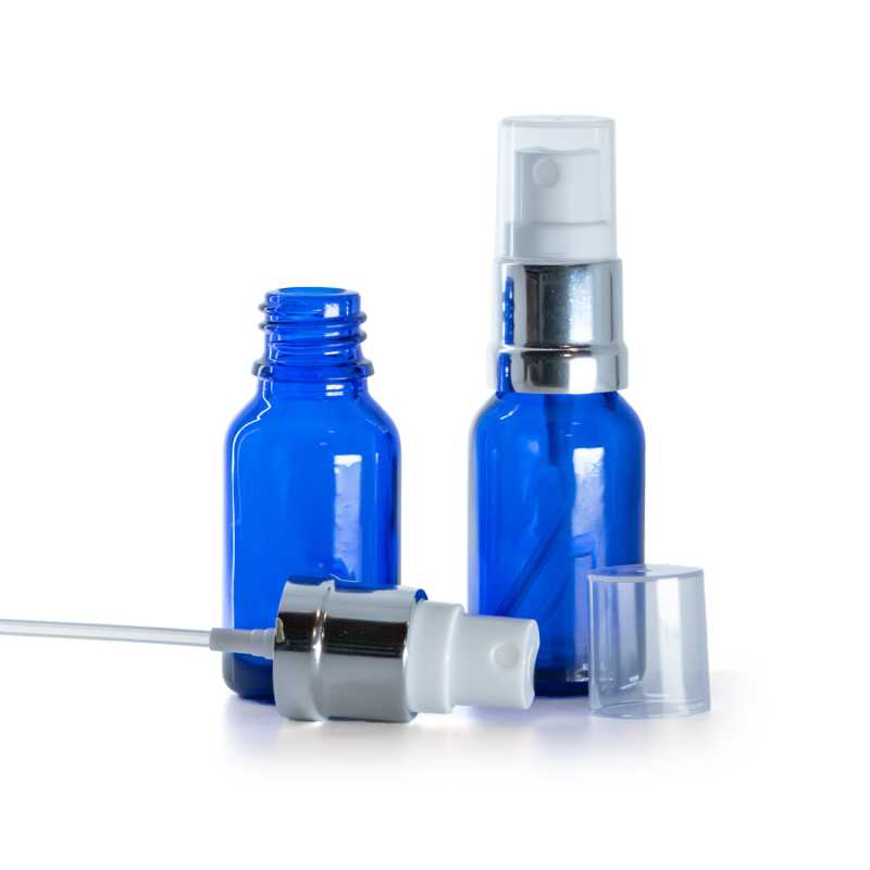 Kék üvegpalack fehér-ezüst permetezővel, 15 ml