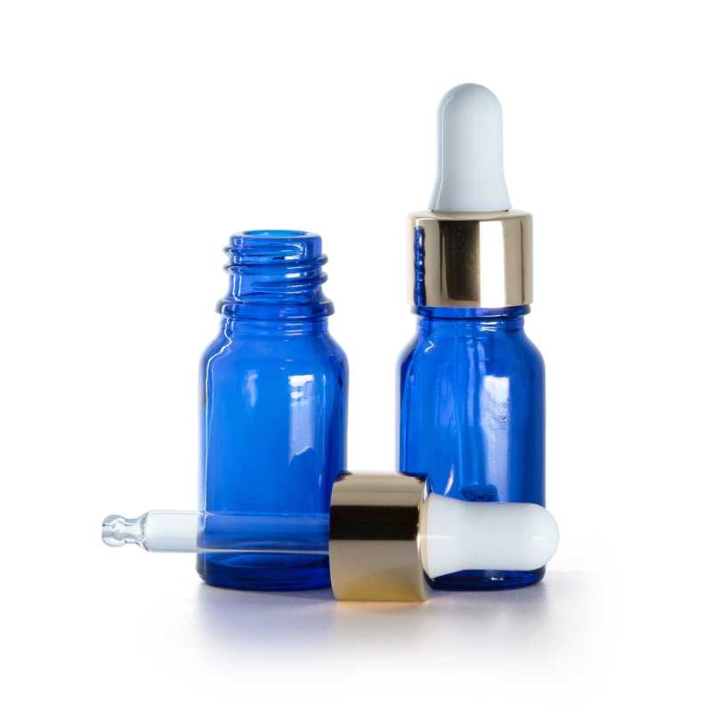 Kék üvegpalack fehér-arany pipettás kupakkal, 10 ml