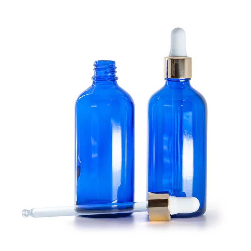 Kék üvegpalack fehér-arany pipettával, 100 ml