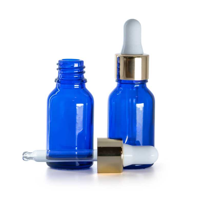 Kék üvegpalack fehér-arany pipettával, 15 ml